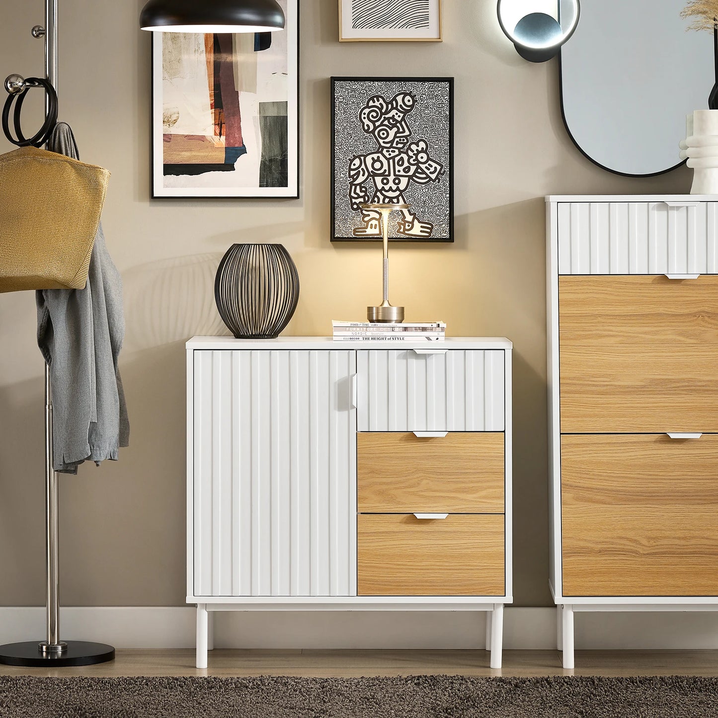 Sideboard – Dressoir – Buffetkast – Opbergkast – Schoenenkast – Wit-Naturel – MDF En Metaal – Compact Formaat 75x76x35 cm