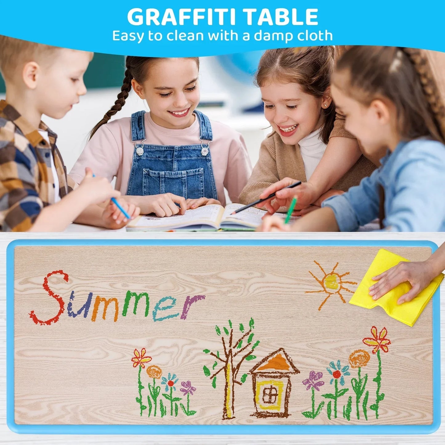 Kindertafelset – Kinderbureau – Speeltafel – Verstelbare Kindertafel – Kindertafel Met 6 Stuks Stoelen – Verstelbare Hoogte – Stevige MDF PVC Afwerking - Blauw - QUORE