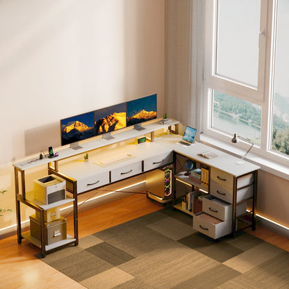 L-Vormig Bureau – Computerbureau – Gamersbureau – Werktafel – Hoekbureau – Slimme Led-Verlichting – Ruim Opbergmeubel – Wit – Groot Werkoppervlak – Ergonomische Monitorstandaard - QUORE