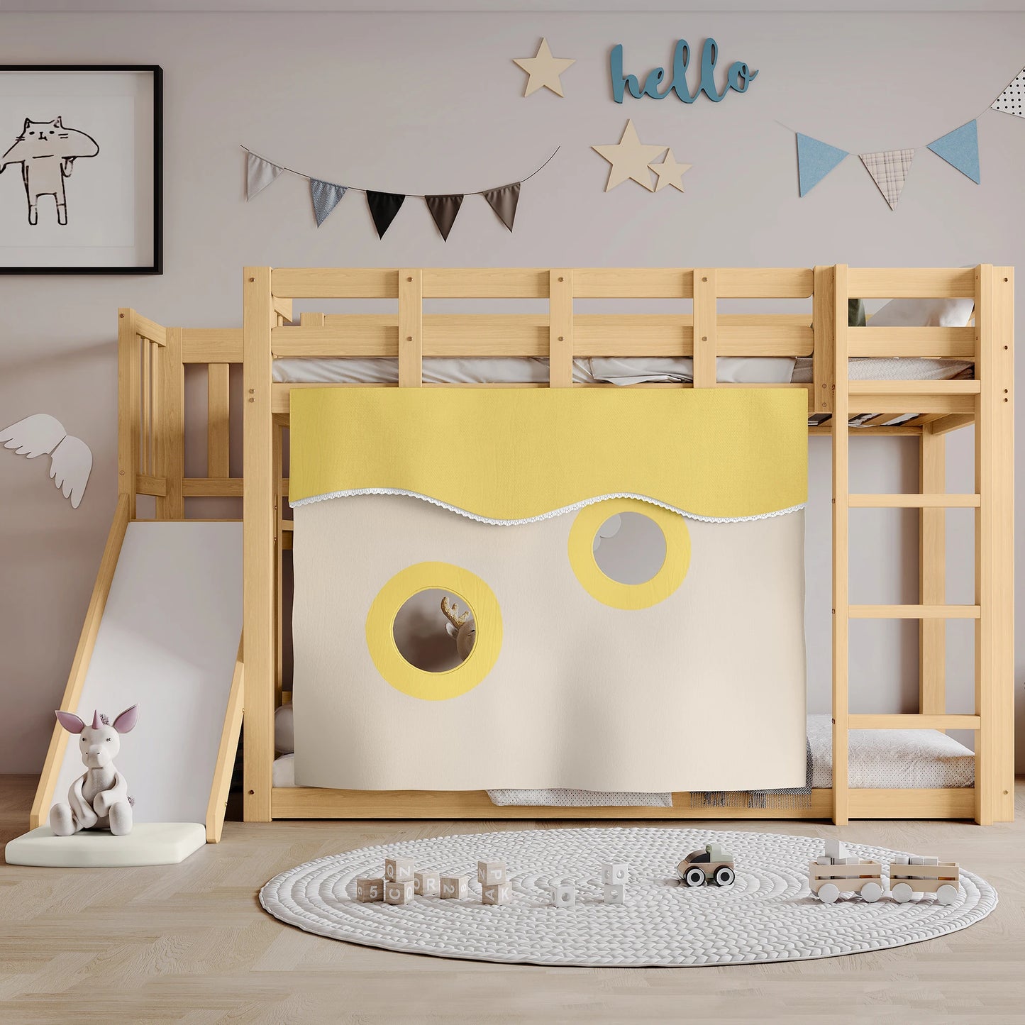 Stapelbed Kind – Kinderbed – Hoogslaper – Halfhoogslaper – Kinderbed Met Glijbaan – Hout MDF En Grenen – Inclusief Trap En Veiligheidshek