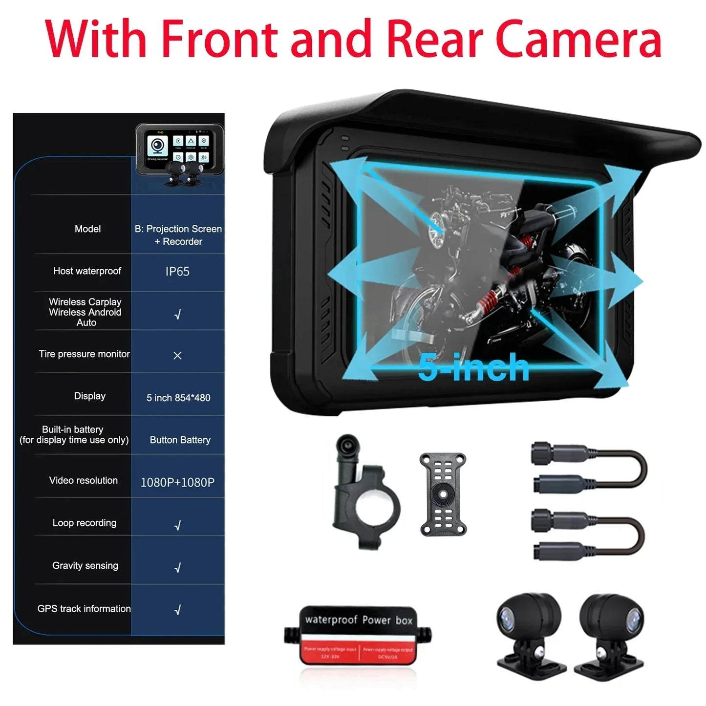 5 Inch Motorcycle GPS Navigation Wireless Carplay Android Auto Player Tire Pressure Detector Dual Cameras Recorder GPS Tracking