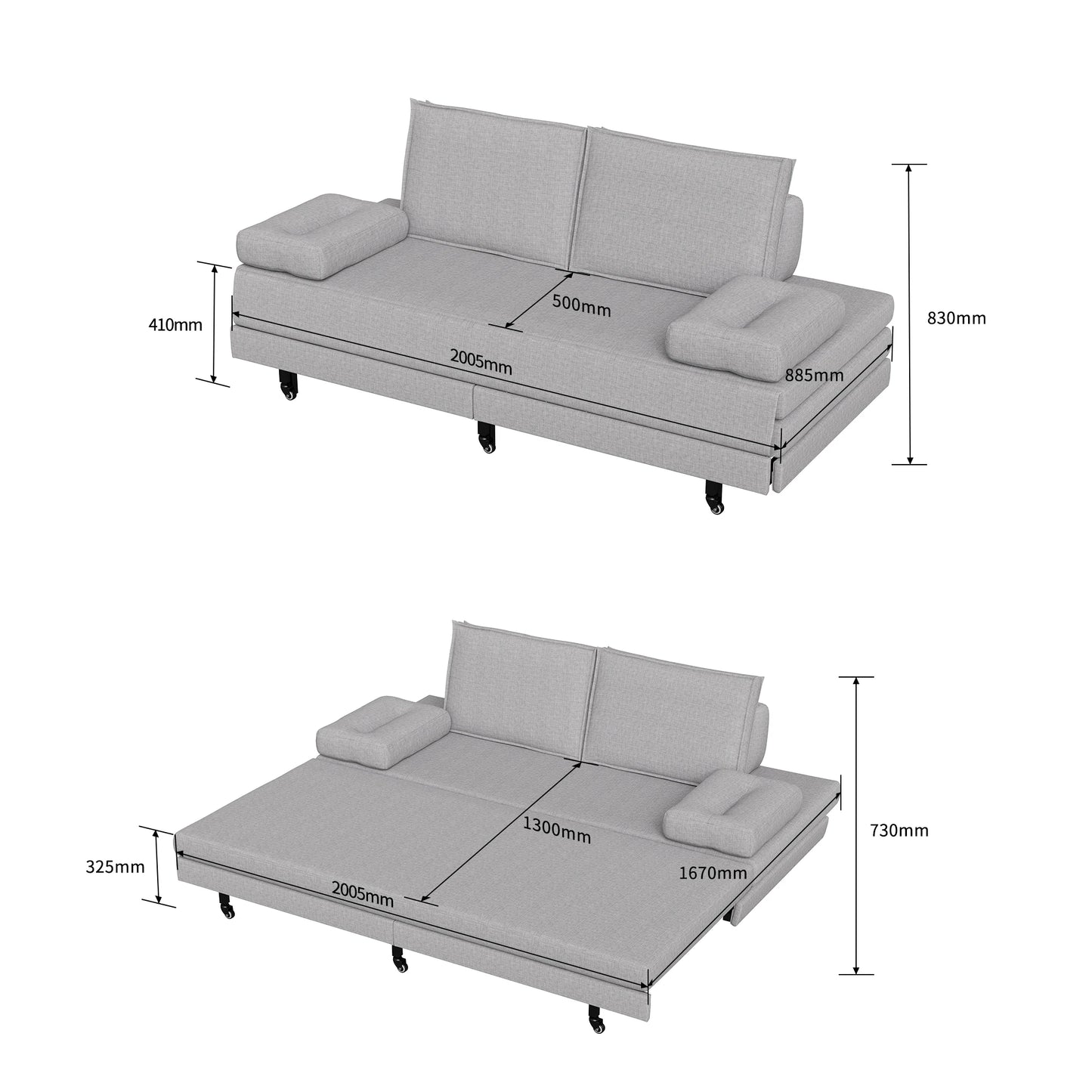 2-Zits Slaapbank – Slaapsofa – Bedbank – Sleeperbank – Bankbed – Grijs Linnen – Uittrekbaar 180x200 cm – Met Houten Lattenbodem & Wieltjes
