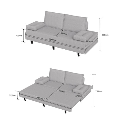 2-Zits Slaapbank – Slaapsofa – Bedbank – Sleeperbank – Bankbed – Grijs Linnen – Uittrekbaar 180x200 cm – Met Houten Lattenbodem & Wieltjes