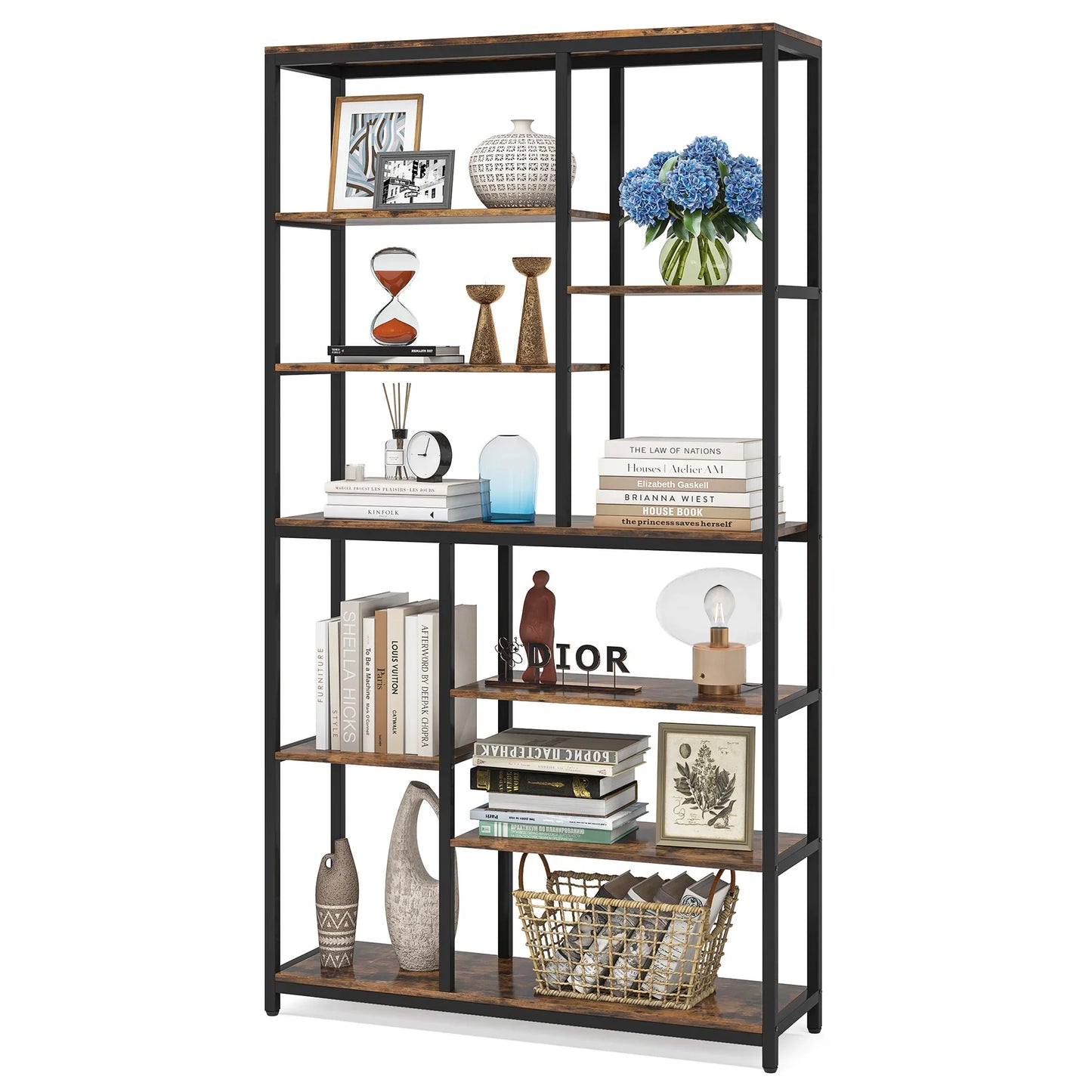Boekenkasten - Boekenplanken - 9-Tier - Boekenkasten Hout – Vrijstaand Wandrek - met Metaalen Frame – Planken voor Boeken - Dossiers - Decoratie – Geschikt voor Woonkamer - Slaapkamer - Kantoor – 30.5 x 101.5 x 200  - Bruin