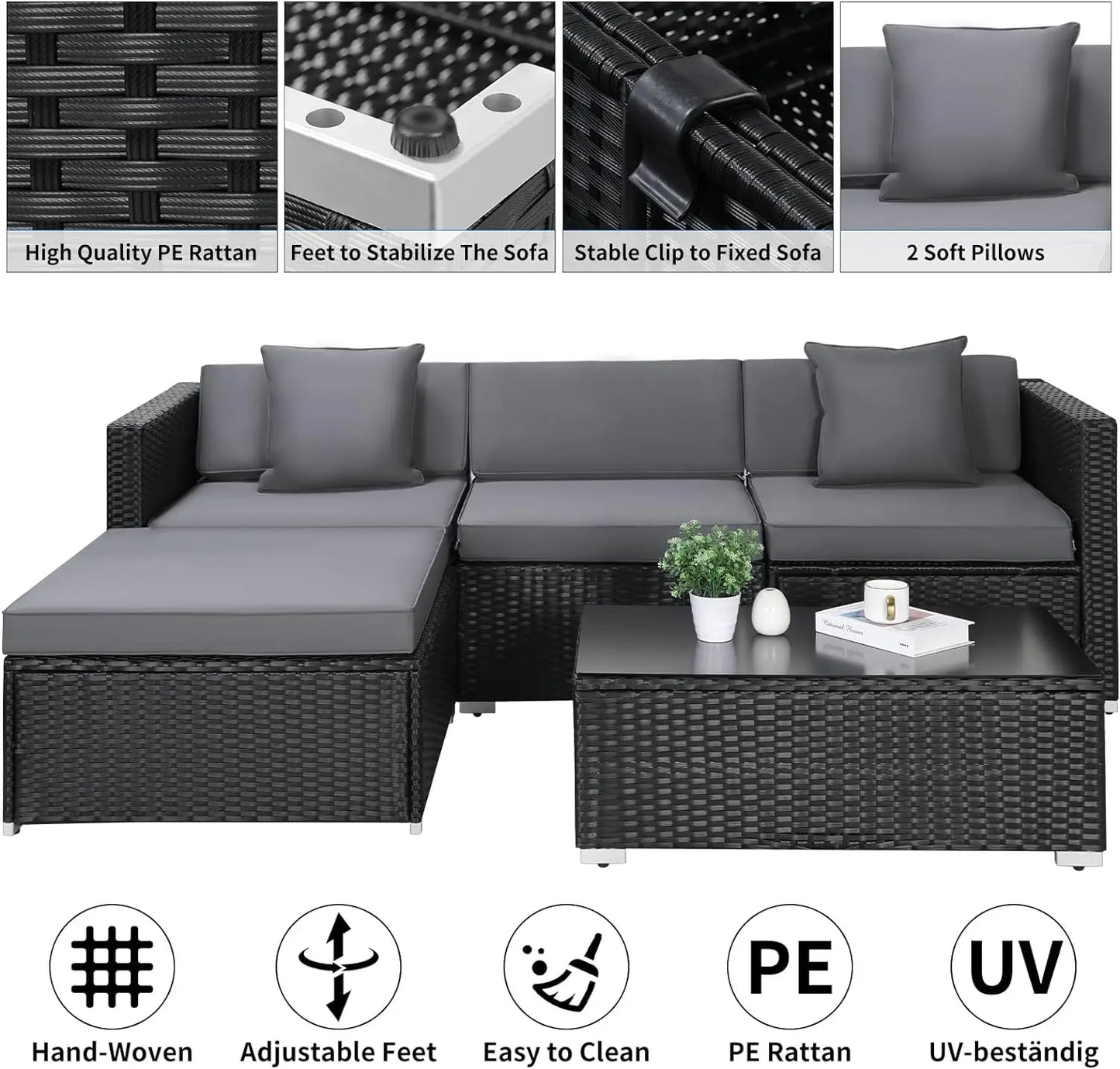 Polyrattan Loungeset – Tuinmeubelset – Buitenbank – Rattan Loungesofa – Loungehoek – Weerbestendig Polyrattan – 5-delig Met Verstelbare Voetjes - Zwart