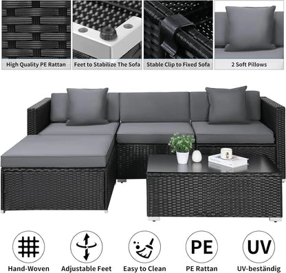 Polyrattan Loungeset – Tuinmeubelset – Buitenbank – Rattan Loungesofa – Loungehoek – Weerbestendig Polyrattan – 5-delig Met Verstelbare Voetjes - Zwart