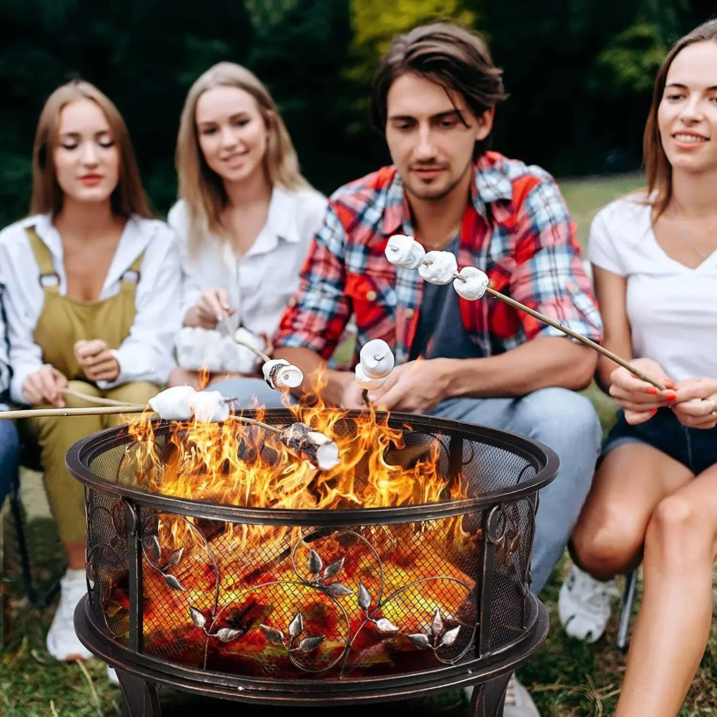 Vuurkorf - Vuurschaal - BBQ Grill - Schaal - met Vonkenscherm – Ø71 cm - Retro Vuurbak met Pook en Houtskoolrooster - Stabiele Buitenhaard voor Verwarming en BBQ Bonfeu - Zwart