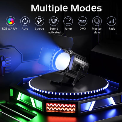 200W LED Par Light Set – DJ Verlichting – Podiumspot – LED Spot – Event Verlichting – 6-in-1 RGBWA+UV – DMX512 Met Barn Door – 4-delig EU Plug - QUORE