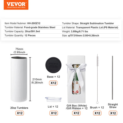 VEVOR 8/12/14/16/24/50PC Straight Sublimation Tumblers Blank Tumbler Bulk Stainless Steel Double Wall Tumbler Cups Heat Transfer - QUORE