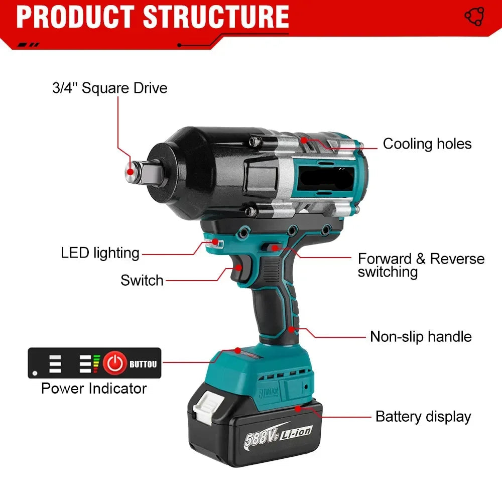 Slagmoersleutel - met Accu - Slagschroevendraaier - Brushless - 3100Nm Draadloze - 3/4 Inch - Elektrische Wrench - 18V Batterij - Handgereedschap - Zonder Batterij
