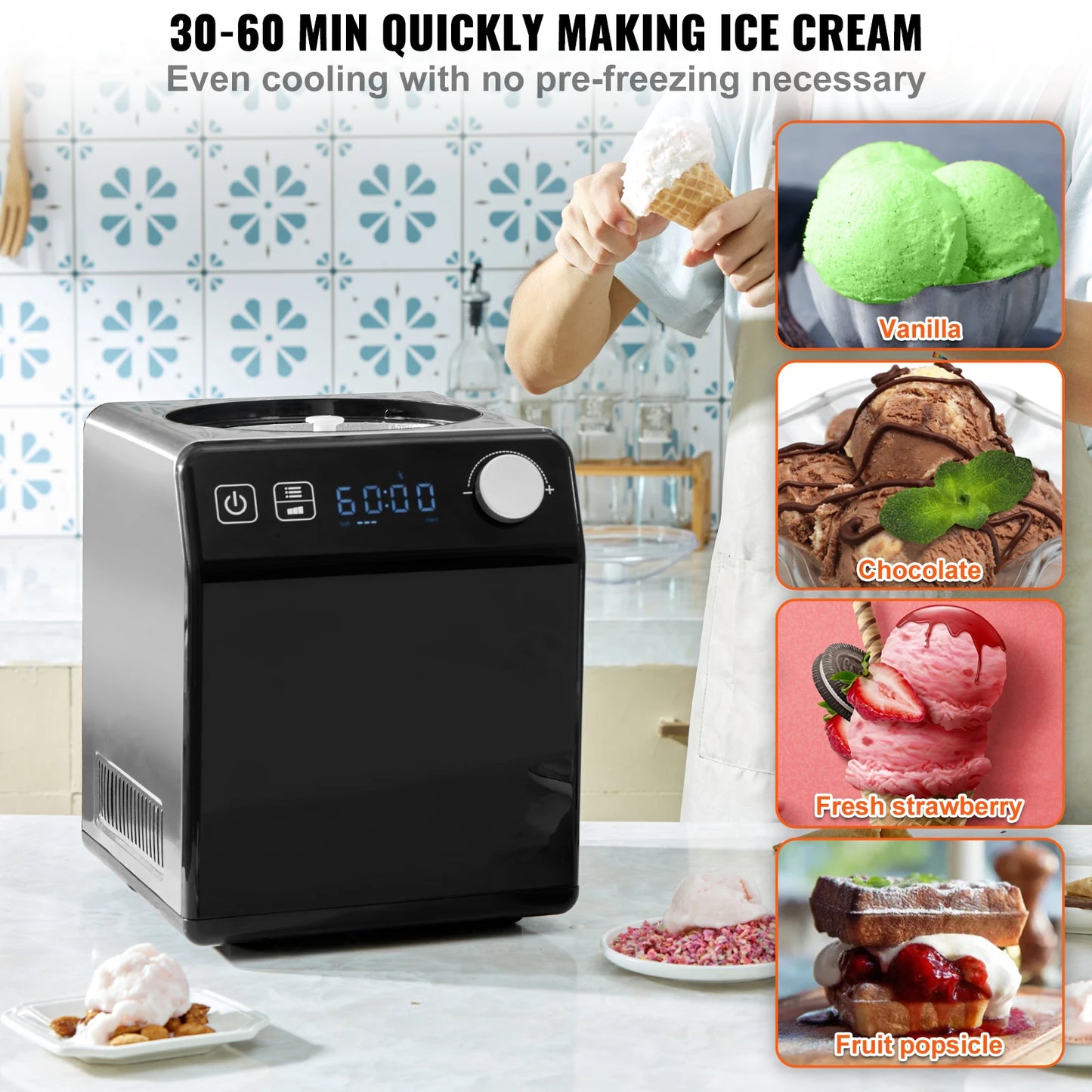 IJsmachine - IJsmaker - Automatisch - Horizontale 2QT - 180W - <60dB - met Lepel - Handleiding - Receptenboek - Maatbeker - Mengstaaf - Zwart/Zilver