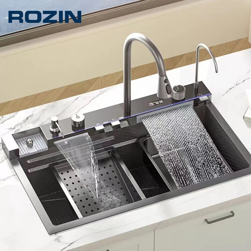 RVS Spoelbak Keukenset – Keukenspoelbak – Enkelvoudige Spoelbak – Digitale Watervalkraan – Multifunctionele Kraan – 75x45 cm – 304 RVS – Honeycomb Nano Coating - QUORE