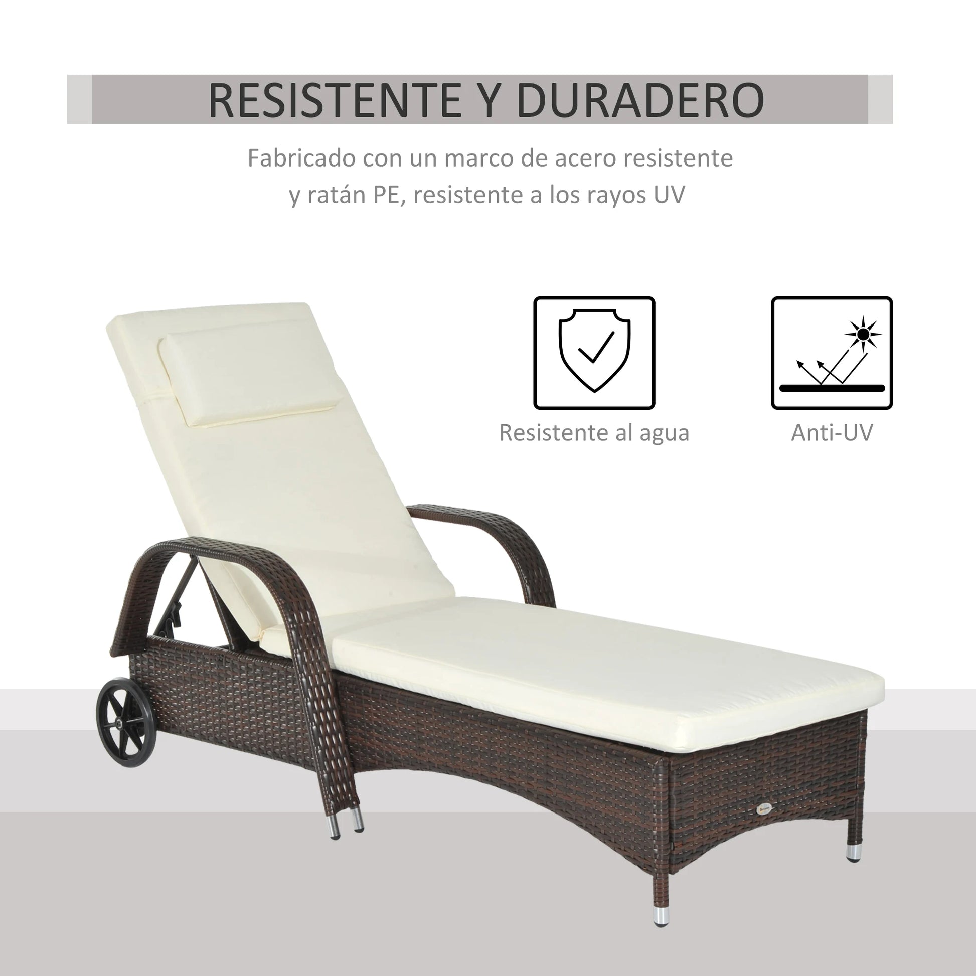 Rattan Tuin Lounger met Verstelbare Rugleuning en Kussens - 2 Wielen - Bruin Outdoor Zonnebed - QUORE