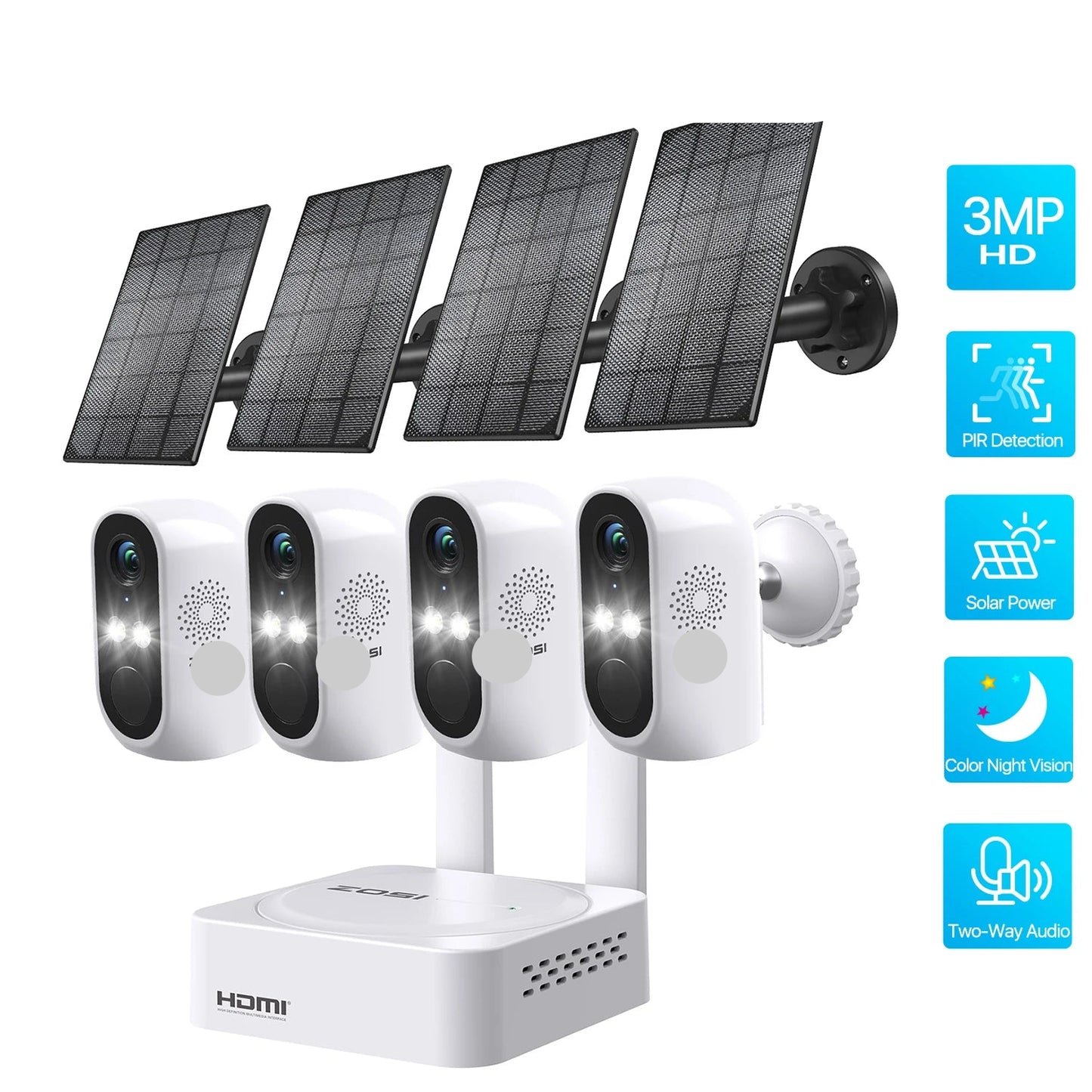 Beveiligingscamerasysteem - Draadloze Camera - Camerabewaking - 8 Kanaals NVR - 3MP Camera’s - Buiten Gebruik - Nachtzicht & Audio - 4 Camera's - 2x Op Zonne-energie