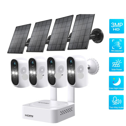 Beveiligingscamerasysteem - Draadloze Camera - Camerabewaking - 8 Kanaals NVR - 3MP Camera’s - Buiten Gebruik - Nachtzicht & Audio - 4 Camera's - 2x Op Zonne-energie