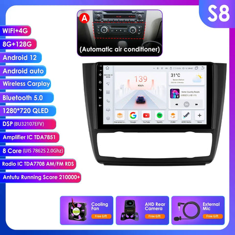 CarPlay - Multimedia Autoradio - Car CarPlay Scherm - Autoradio - 9" - Autoradio Android - voor BMW 1 Serie E81 E82 E87 E88 AT MT - Navigatie - GPS - 2Din - Stereo DSP - S8 (Type Auto)AHD2 - 8G - 128G