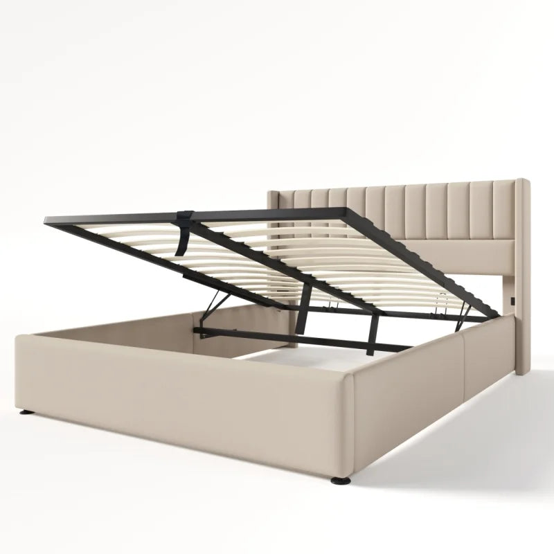 Bed Met Opbergruimte – Bedframe – Slaapbed – Opbergbed – Beige – Massief Hout – 140x200 Cm Matras
