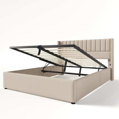 Bed Met Opbergruimte – Bedframe – Slaapbed – Opbergbed – Beige – Massief Hout – 140x200 Cm Matras