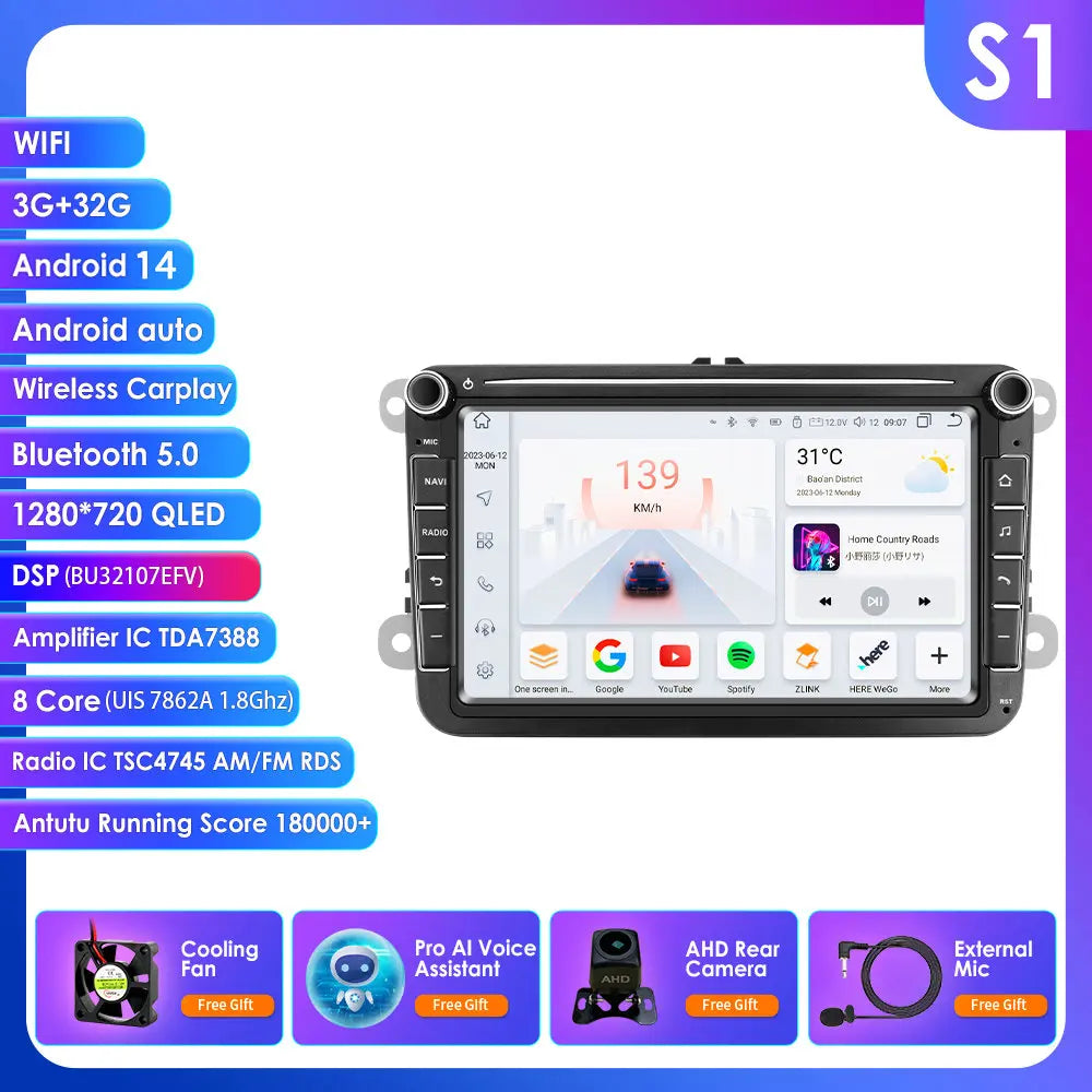 Android Autoradio – Multimedia Speler – GPS Navigatie – Dubbel-DIN Radiosysteem – Carplay Android Auto – 8 Inch Full HD Touchscreen – Android 13 Systeem met 4GB RAM