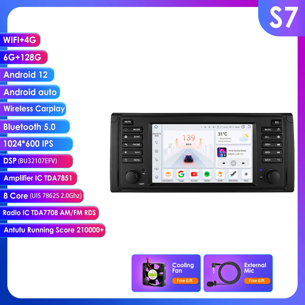 CarPlay - Multimedia Car Radio - Car CarPlay Screen - Car Radio - Android Car Multimedia - 2din - Android Video Player - for BMW 5 Series E39 1996 M5 2000 X5 E53 - GPS Navigation - (8Core 6G 128G)