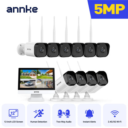 ANNKE 5MP  Wireless Security Cameras Kit Outdoor Waterproof 10CH NVR 12 inch Monitor with IP Camera Surveillance CCTV System Set