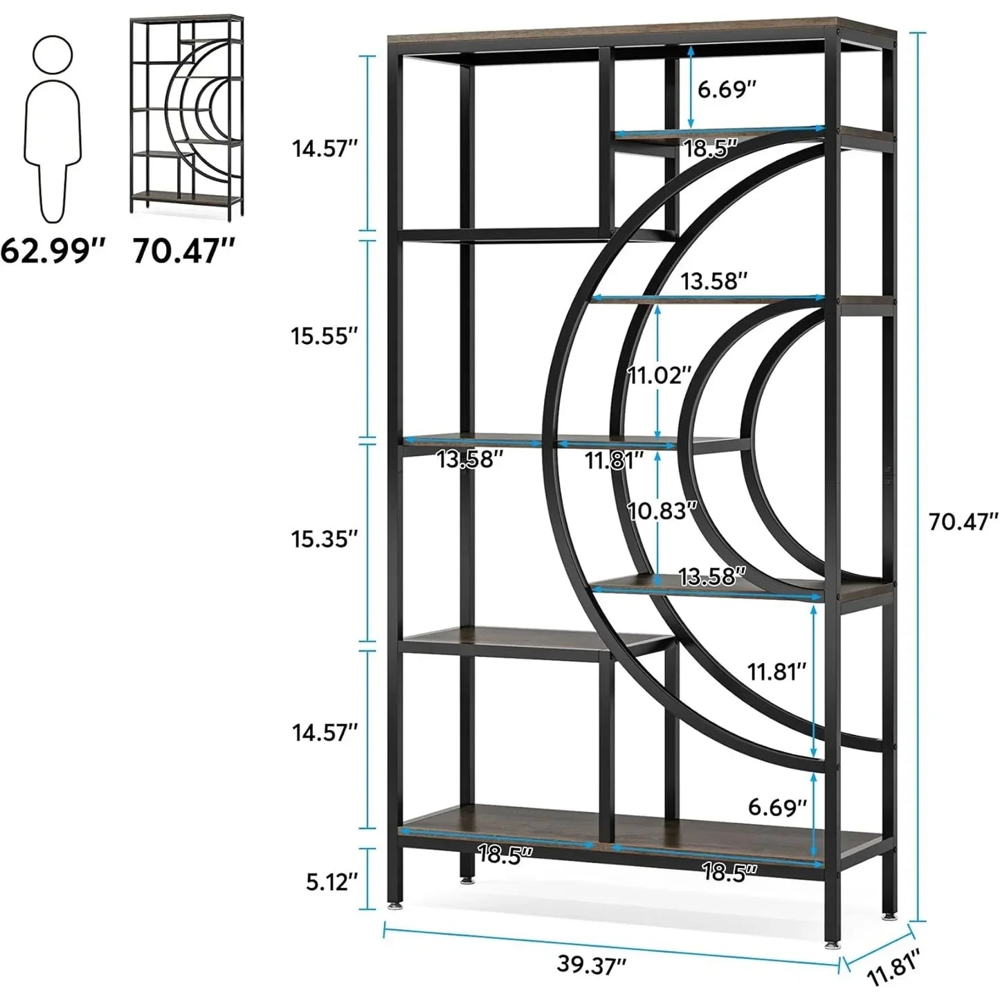 Boekenkast - Kasten - Wandkast - Boekenrek - Industriële Geometrische Kast - 71 Inch Hoog – 8-Tier Open Planken – Stevig Metalen Frame – Zwart Grijs