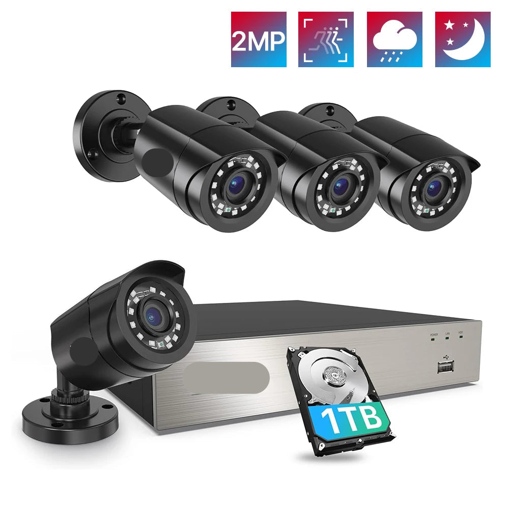 Beveiligingscamera - Camerabewaking - Draadloze Camera - Buiten Camera met Nachtzicht - 1080P Full HD - IP66 Weerbestendig - 8 Stuks Bullet Outdoor & Indoor - H.265+ – 8 Kanaals - Zwart - QUORE