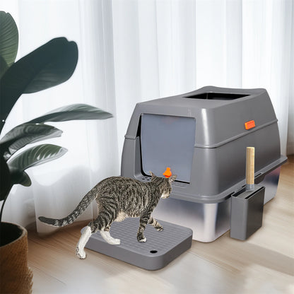 Kattenbak - Kattentoilet - kattenbakvulling - Hoge Wanden & Metalen Binnenbak – Grijs en Zilver - XL