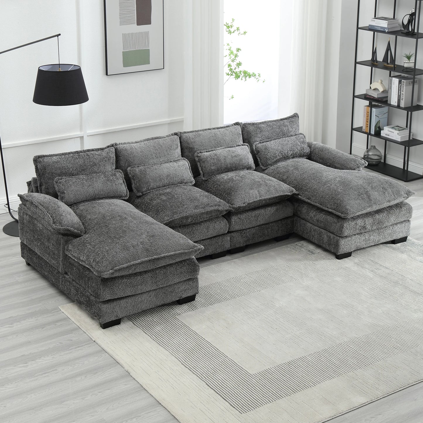 U-Vormige Bank – Hoekbank – Loungesofa – Gezinsbank – Bouclé Stof – Ergonomische Lendenkussens – Multiplex Frame