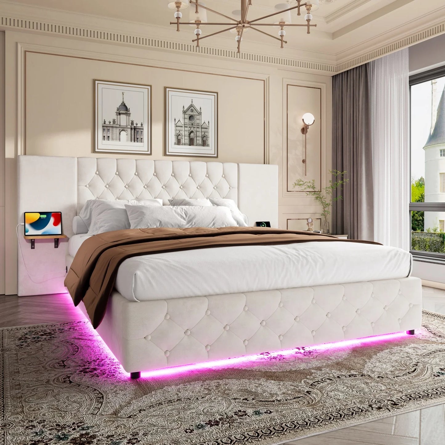 Bedframe – Bed – Tweepersoonsbed – Boxspring – Opbergbed – Met Hydraulisch Opklapsysteem – Ingebouwde LED-Verlichting