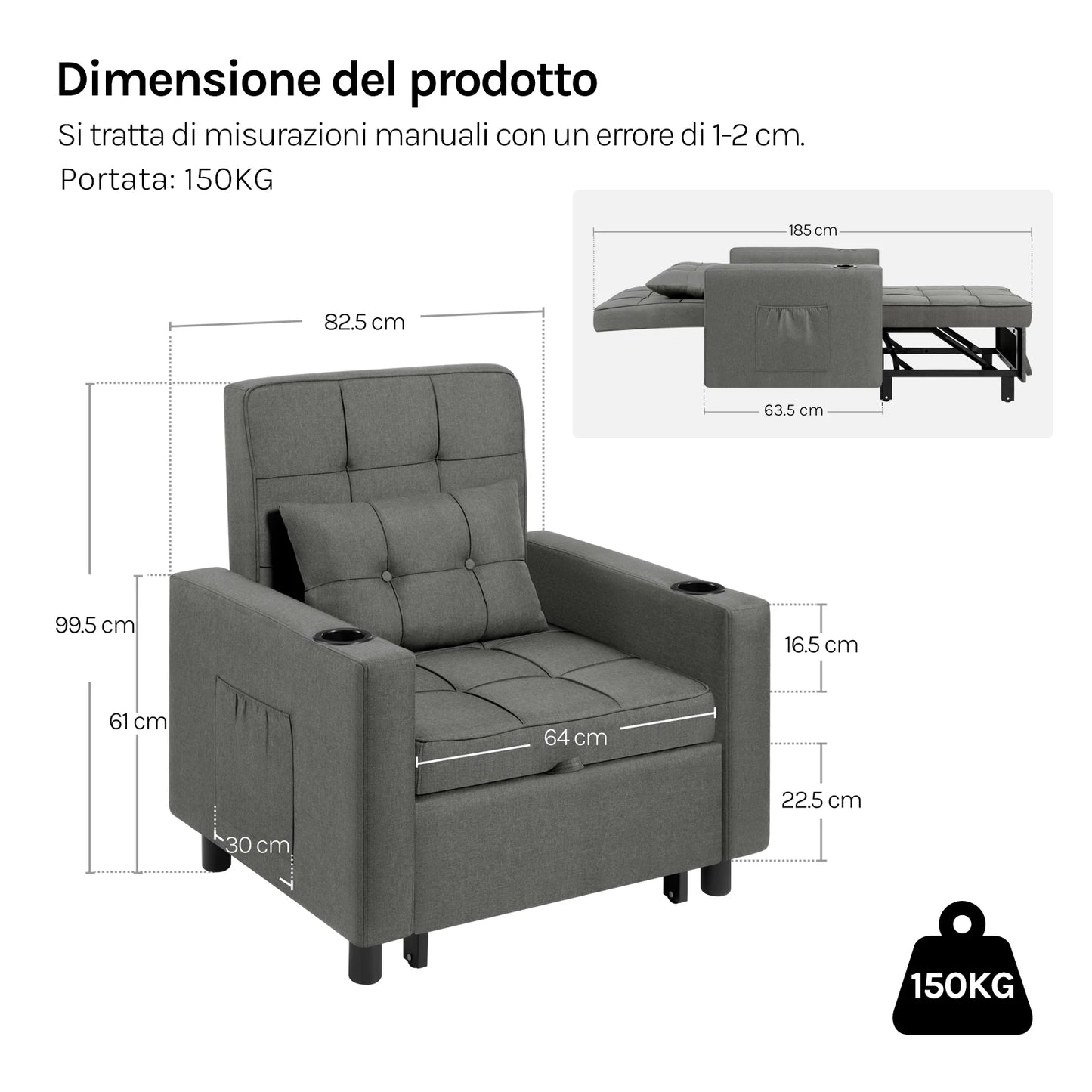 4 in 1 - Slaapbank - Slaapstoel - Logeerbed - Klapstoel - met Verstelbaar Rugleuningkussen - Fauteuil Stoel - voor Appartement - Woonkamer - Linnen - Donkergrijs