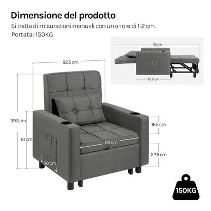 4 in 1 - Slaapbank - Slaapstoel - Logeerbed - Klapstoel - met Verstelbaar Rugleuningkussen - Fauteuil Stoel - voor Appartement - Woonkamer - Linnen - Donkergrijs