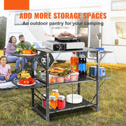 Kampeerkeuken Tafel - Kampeerkeuken - Camping Keuken Slijtvastheid – Kampeer Keuken – Draagbaar kookstation - BBQ's - Lichtgewicht - Campingkast Opvouwbaar - met opbergtas - BBQ, camperreizen - Zwart