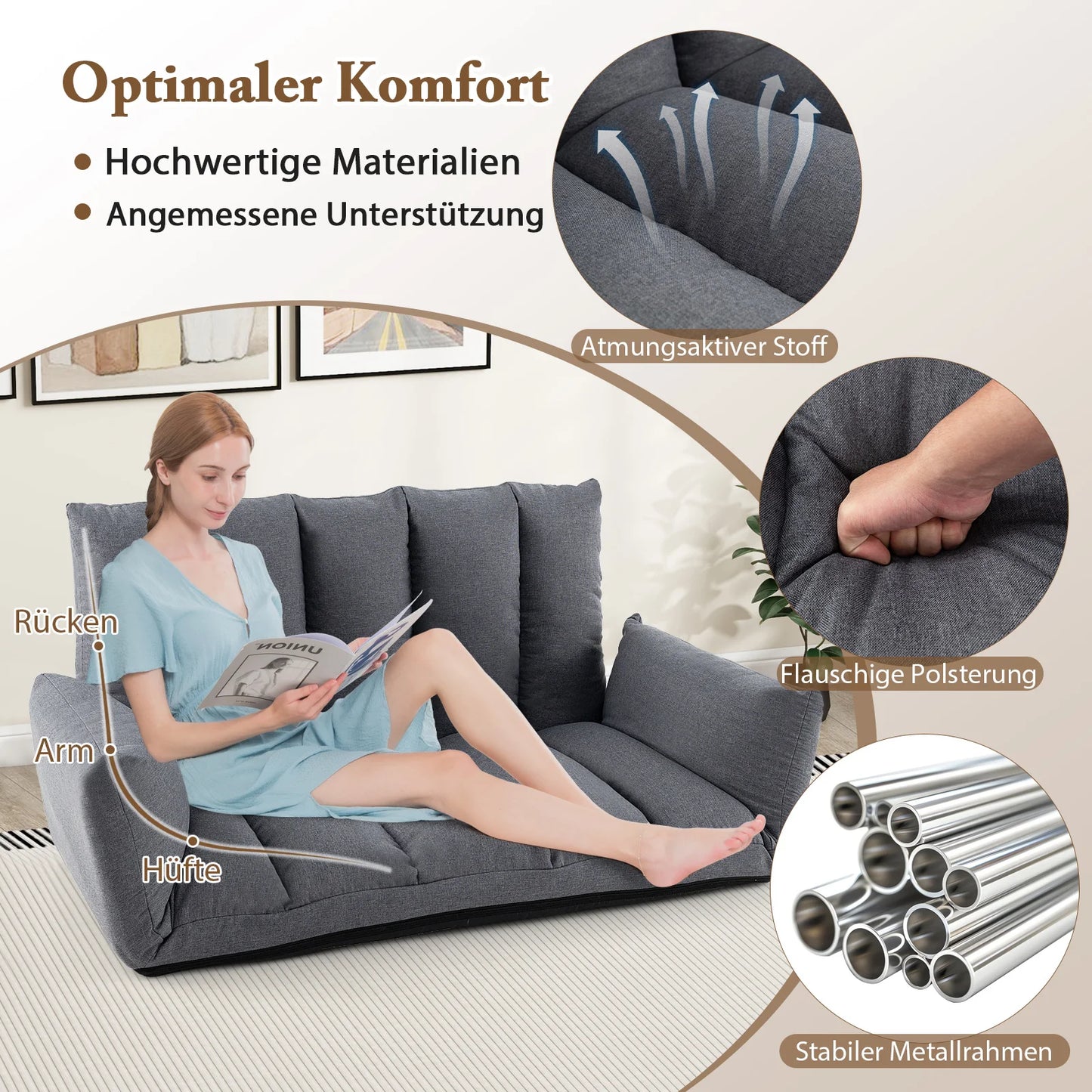 Opvouwbare Lounge Sofa – Verstelbare Rugleuning & Armleuningen – Grijze Vloerstoel met 5 Posities – Comfortabele Speelkamer / Gaming / Slaapbank – Geen Montage Nodig