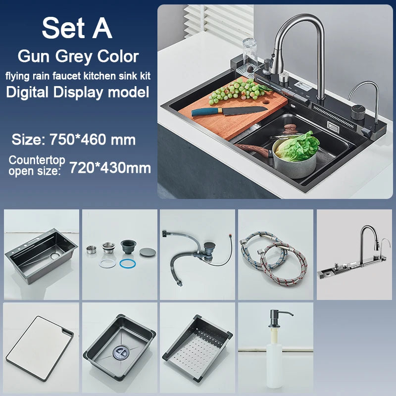 RVS Spoelbak Keukenset – Keukenspoelbak – Enkelvoudige Spoelbak – Digitale Watervalkraan – Multifunctionele Kraan – 75x45 cm – 304 RVS – Honeycomb Nano Coating - QUORE
