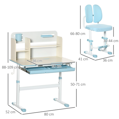 Kindermeubelset - Kindertafel - Kinderstoel - Kinderbureau - Kinder Bureau & Stoel Set - Studie Tafel & Stoel - Hoogter Verstelbar - voor Kinderen - 3-12 jaar oud - PP - MDF - Staal - Polyester - Schuim - 80 x 52 x 88-109 cm - Blauw - QUORE