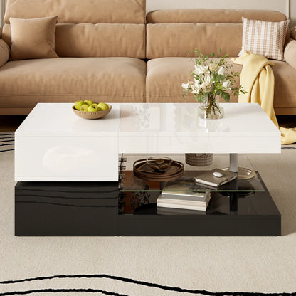 Modern coffee table with LED ambient lighting, app and Bluetooth control, glass shelf and high-gloss surface, black and white