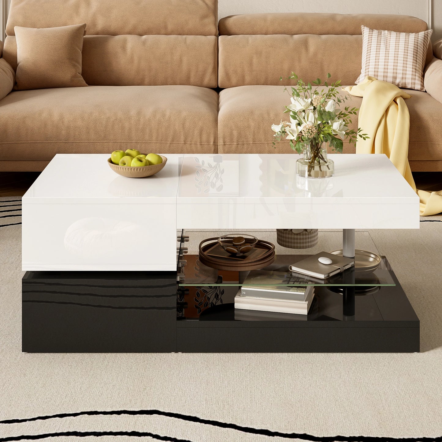 Modern coffee table with LED ambient lighting, app and Bluetooth control, glass shelf and high-gloss surface, black and white - QUORE