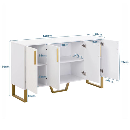 Woonkamerkast – Dressoir – Opbergkast – Sideboard – Ladekast – Hoogglans Wit – 4 Deuren Met Metalen Handgrepen – Afmetingen 140x80x40 cm