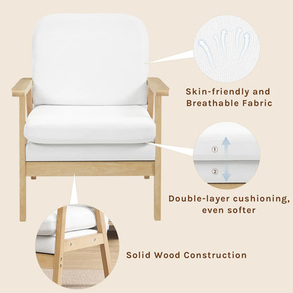 Ligstoel - Tuinstoel - Lounge Fauteuil - Tuinmeubel - Ligstoelen Buiten - Binnen - met Kussen - voor Woonkamer - Slaapkamer - Thuis - Scandinavische Stijl - Sterk - Duurzam - Linnen & Massief Hout - 66.5 x 64 x 81.5 cm - Wit