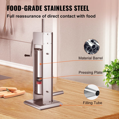 Worstenvuller – Worstenmaker - Worstmachine -  3L - Handmatige Verticale Worstmaker met 5 Opzetstukken