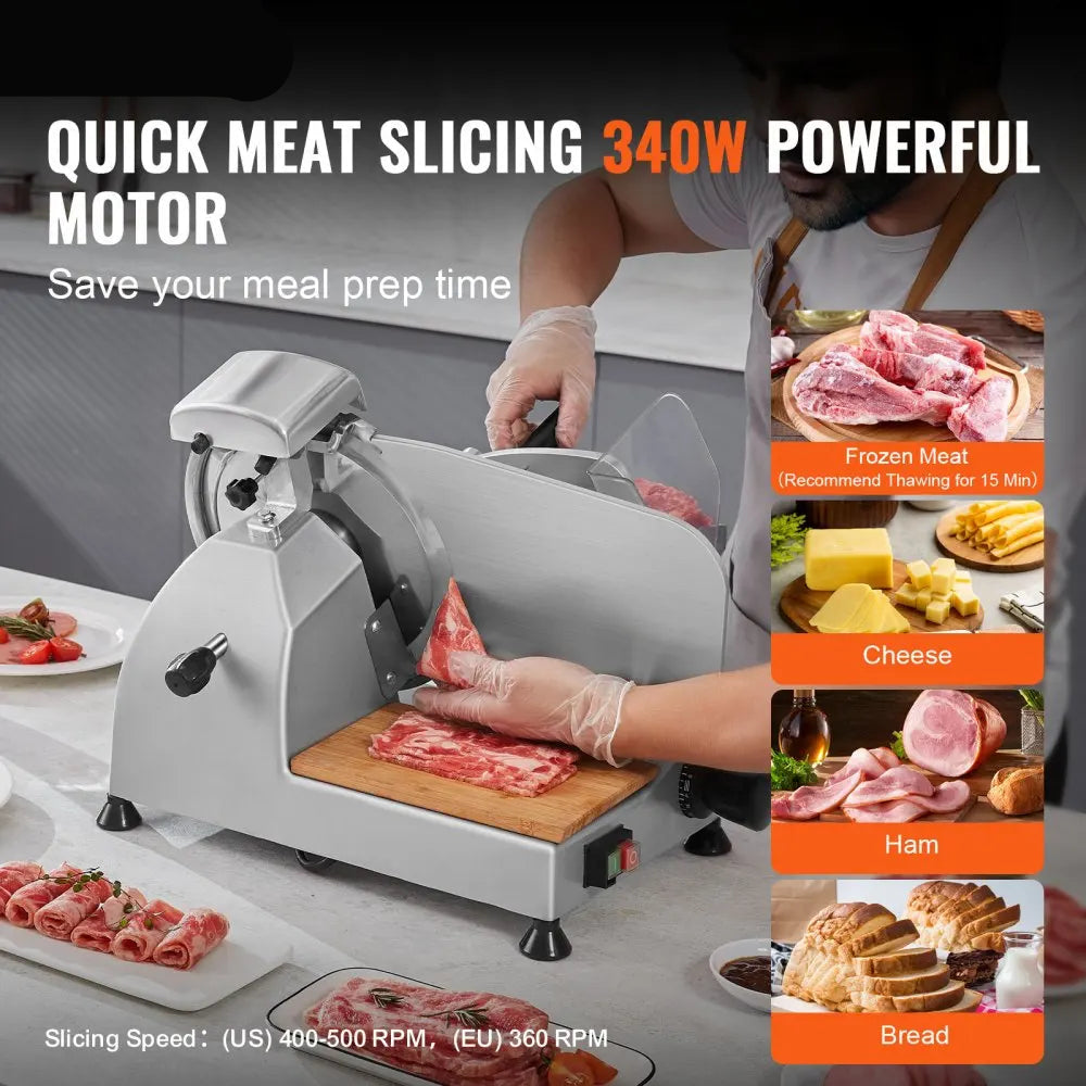 Vleessnijmachine - Vleessnijder - Snijmachine - Broodsnijmachine - Elektrische - 10 Inch Roestvrijstalen Mes - Allessnijder - Ingebouwde Slijpsteen – Instelbare Snijdikte 0-15 mm – Perfect voor Deli en Thuisgebruik