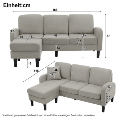 L-Vormige Bank – Hoekbank – Modulair Sofa – Zitbank – Chaise Longue – Ademend Katoen-Linnen – Compact 166x118x77 CM