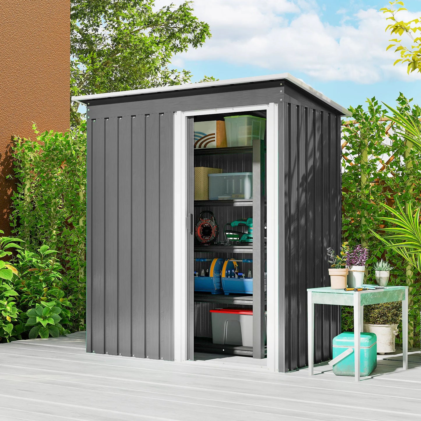 Tuinschuur – Berging – Opbergkast – Tuinhuis – Fietsenberging – Metaal – Schuifdeur – Hellend Dak – Waterbestendig – 163x89x182 cm – Grijs