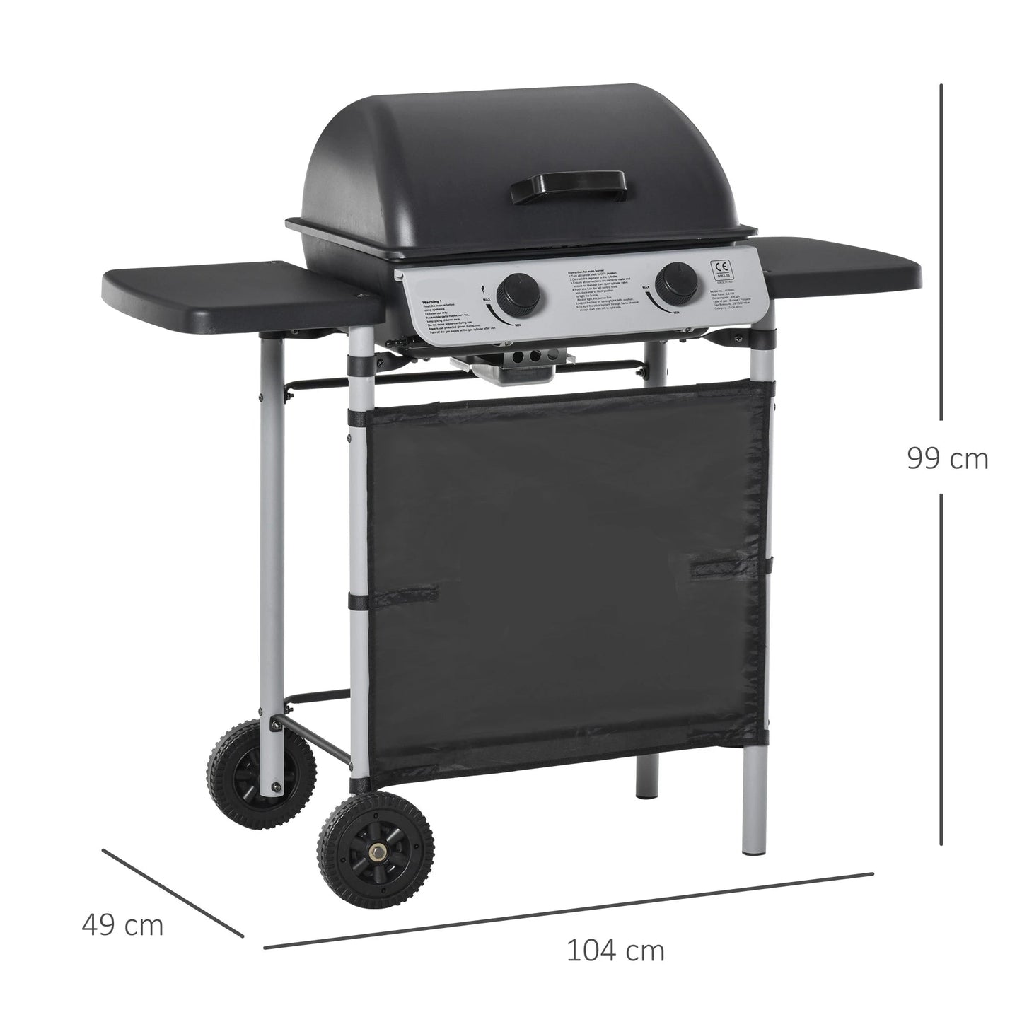 Gasbarbecue - BBQ-rokergrill -  met 2 Branders - 2-zijdige Barbecuetafel - Planken - Wielen - Groot Grilloppervlak - voor Buiten - Tuin - Achtertuingrillen - 104 x 49 x 99 cm - Zwart - QUORE