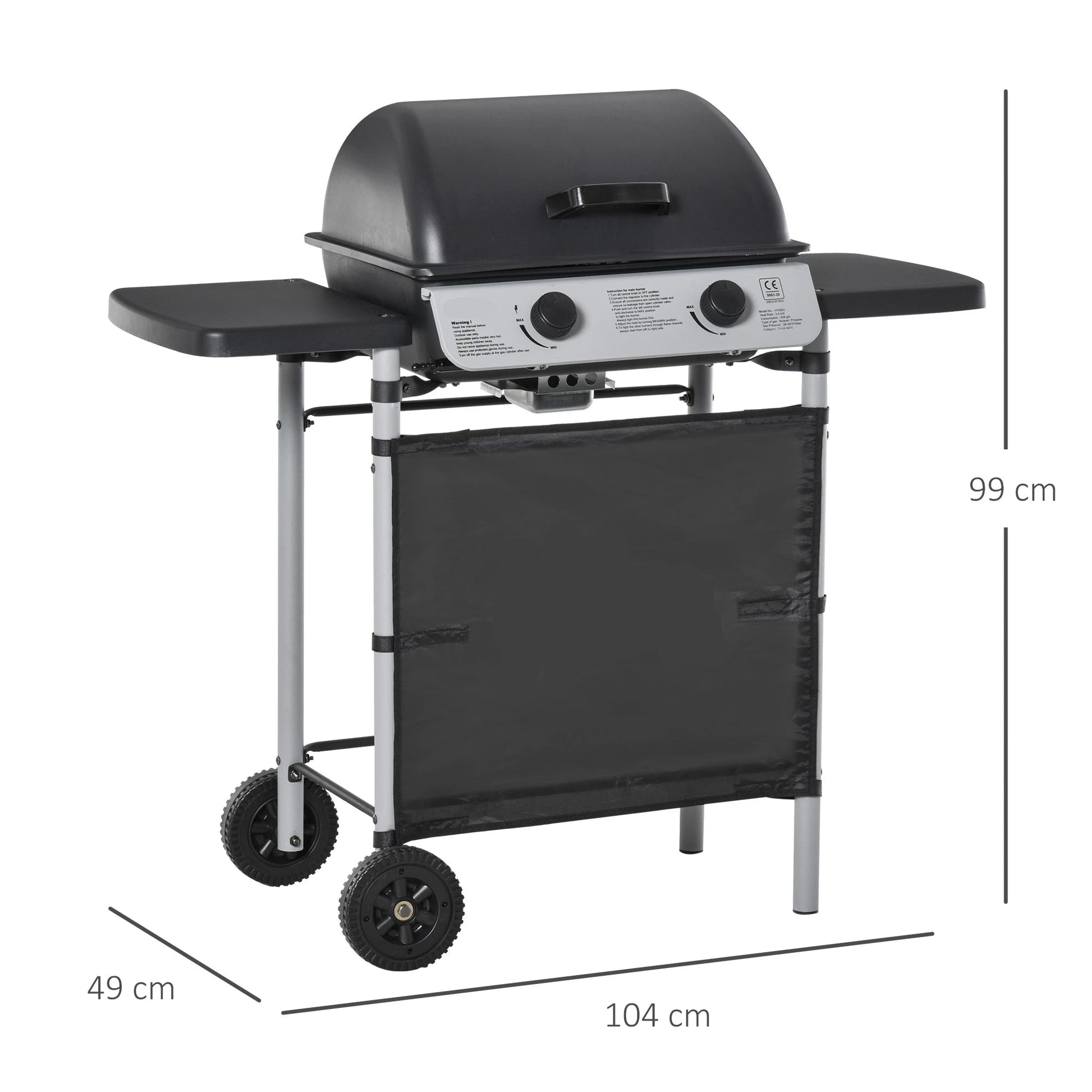 Gasbarbecue - BBQ-rokergrill -  met 2 Branders - 2-zijdige Barbecuetafel - Planken - Wielen - Groot Grilloppervlak - voor Buiten - Tuin - Achtertuingrillen - 104 x 49 x 99 cm - Zwart - QUORE