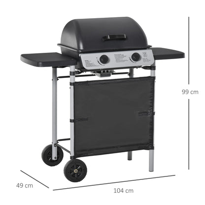 Gasbarbecue - BBQ-rokergrill -  met 2 Branders - 2-zijdige Barbecuetafel - Planken - Wielen - Groot Grilloppervlak - voor Buiten - Tuin - Achtertuingrillen - 104 x 49 x 99 cm - Zwart - QUORE