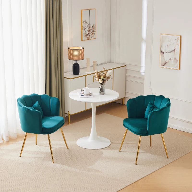 Eetkamerstoelen – Set van 2 - Velours Stoel – Lounge Stoel – Fluwelen Fauteuil – Design Fauteuil – Bloembladdesign – Ergonomisch Zitcomfort – Vergulde Metalen Poten - Blauwgroen