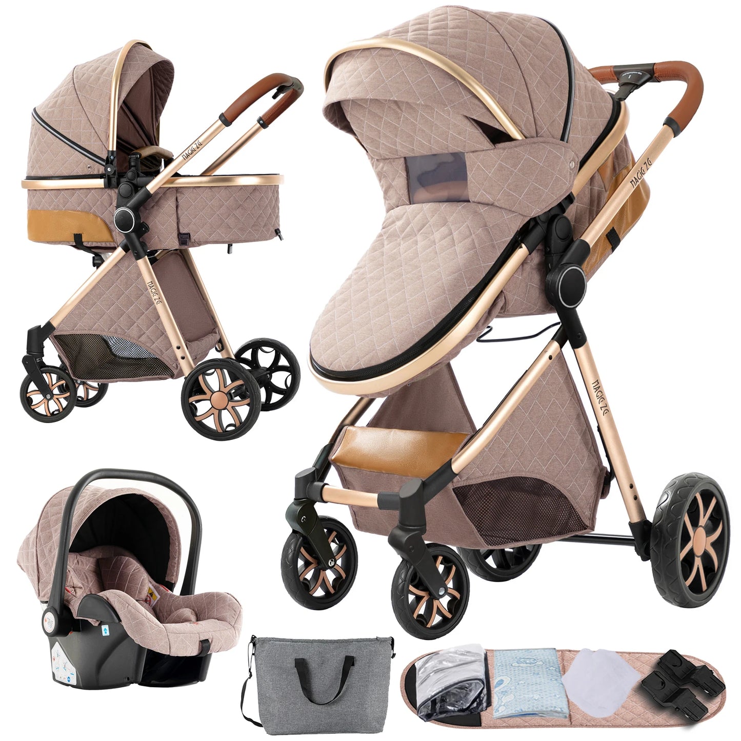 3-in-1 Kinderwagen – Wandelwagen – Autostoeltje – Slaapmand – Buggy – Zand Beige – Lichtgewicht Design – Eenvoudig Inklapbaar