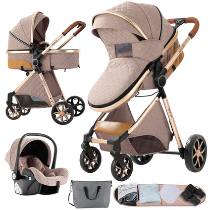 3-in-1 Kinderwagen – Wandelwagen – Autostoeltje – Slaapmand – Buggy – Zand Beige – Lichtgewicht Design – Eenvoudig Inklapbaar